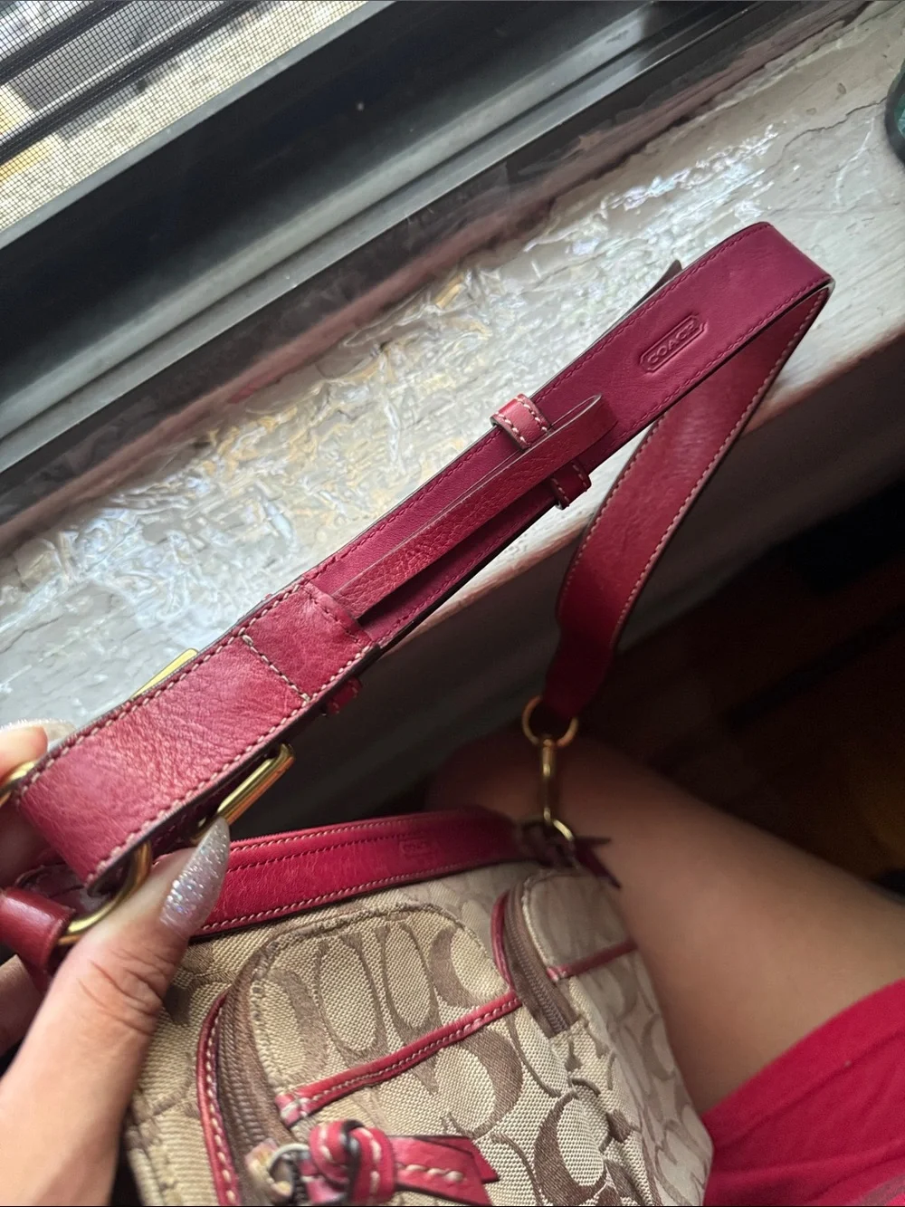 Coach Signature Canvas with red leather trim